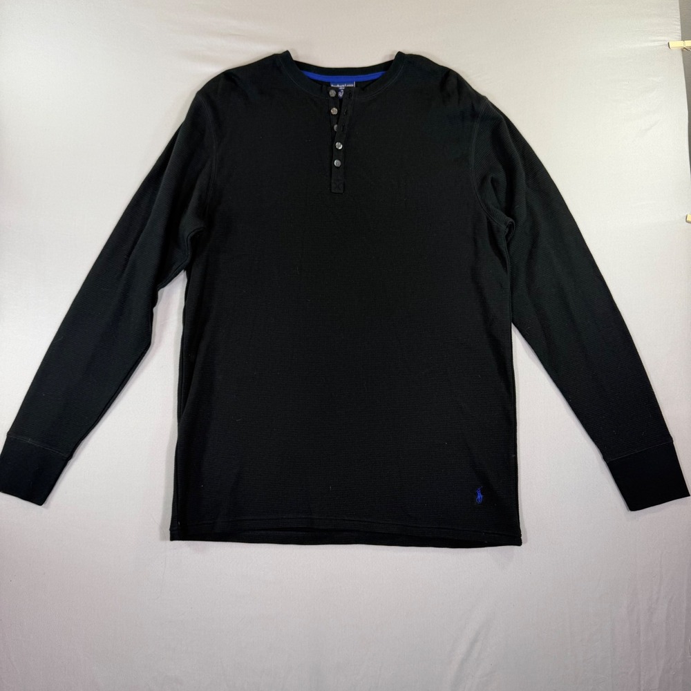 Polo Ralph Lauren Henley Shirt Mens XL Black Waffle Knit Long Sleeve Sleepwear